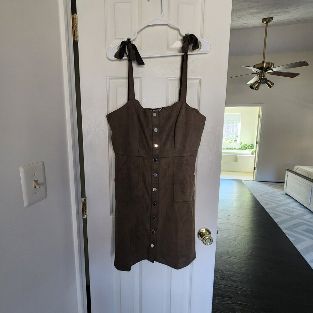 Allegra K Faux Suede Olive Green Button Decor A-Line Mini Overall Dress | Large - Picture 1 of 6